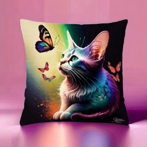 Colorful Kitty Cat Butterfly Art Design Zippered Pillowcase for Accent Pillow - Picture 1 of 4